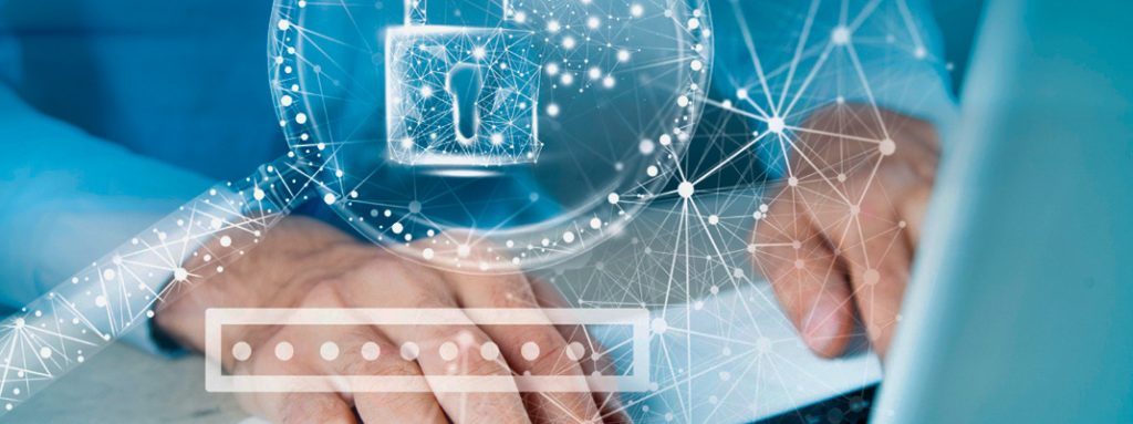 Mãos digitam em um laptop com ícones de cadeado e segurança digital sobre a imagem. Proteção de Dados e Privacidade na Área da Saúde: Desafios e Boas Práticas.
