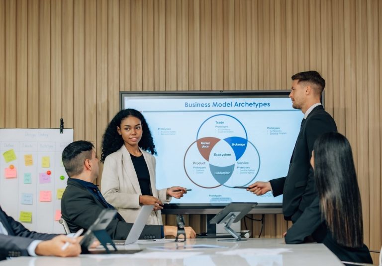 Equipe em reunião discute plano com diagrama em tela, usando laptops e anotações. Curso: Business Plan.