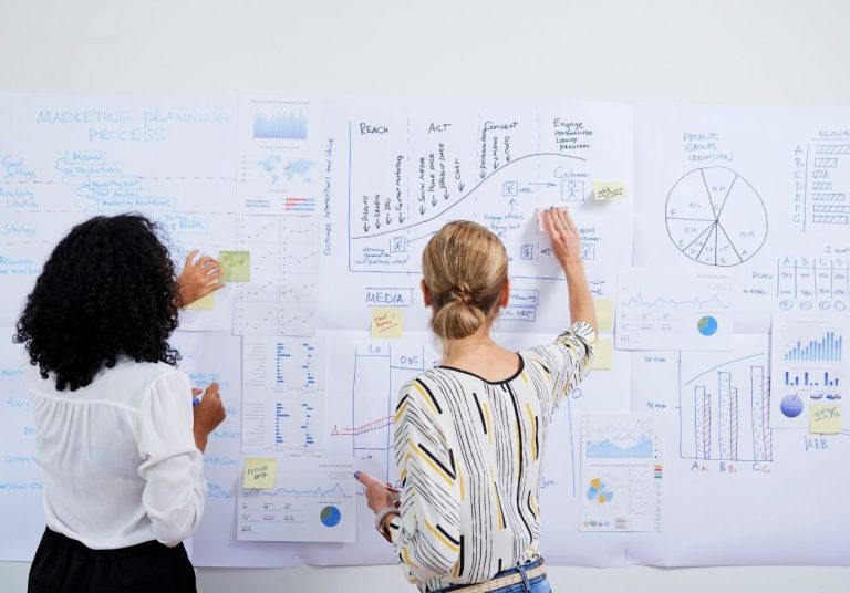 Duas mulheres analisam e escrevem em quadros com gráficos e post-its. Curso: Planejamento Estratégico.