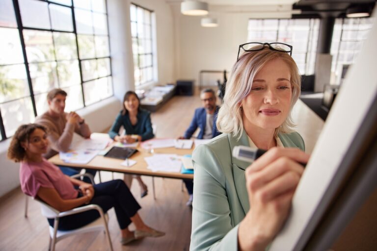 Mid,Adult,Woman,Leading,A,Team,Meeting,,Writing,On,Whiteboard