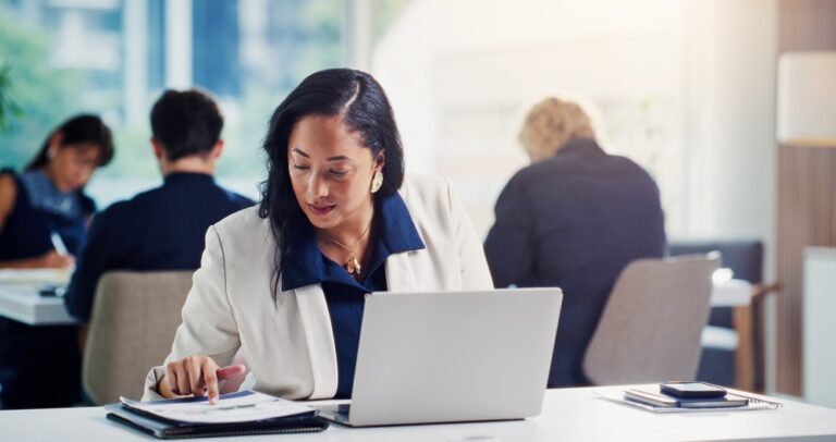 Reading,,Document,And,Businesswoman,With,Laptop,In,Office,,Administration,Or