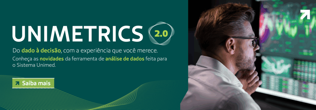 Banner de divulgação do Unimetrics, ferramenta de análise de dados de saúde da Faculdade Unimed para gestão da sinistralidade.